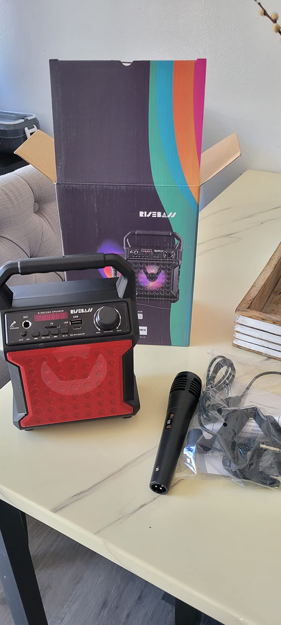 Risebass Portable Karaoke Machine with Microphone with Party Lights for Kids and Adults - Rechargeable USB Speaker Set with Bluetooth, FM Radio SD/TF Card, AUX-in, Birthday Gift for Boys and Girls customer photo 1
