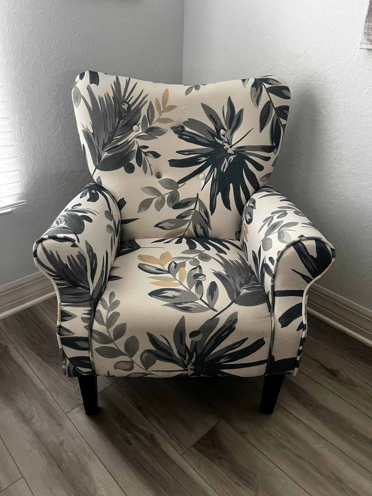 YOLENY Modern Accent Chair,High Back Armchair,Upholstered Fabric Button Single Sofa with Wooden Legs for Living Room,Bedroom,Blue Leaves customer photo 2
