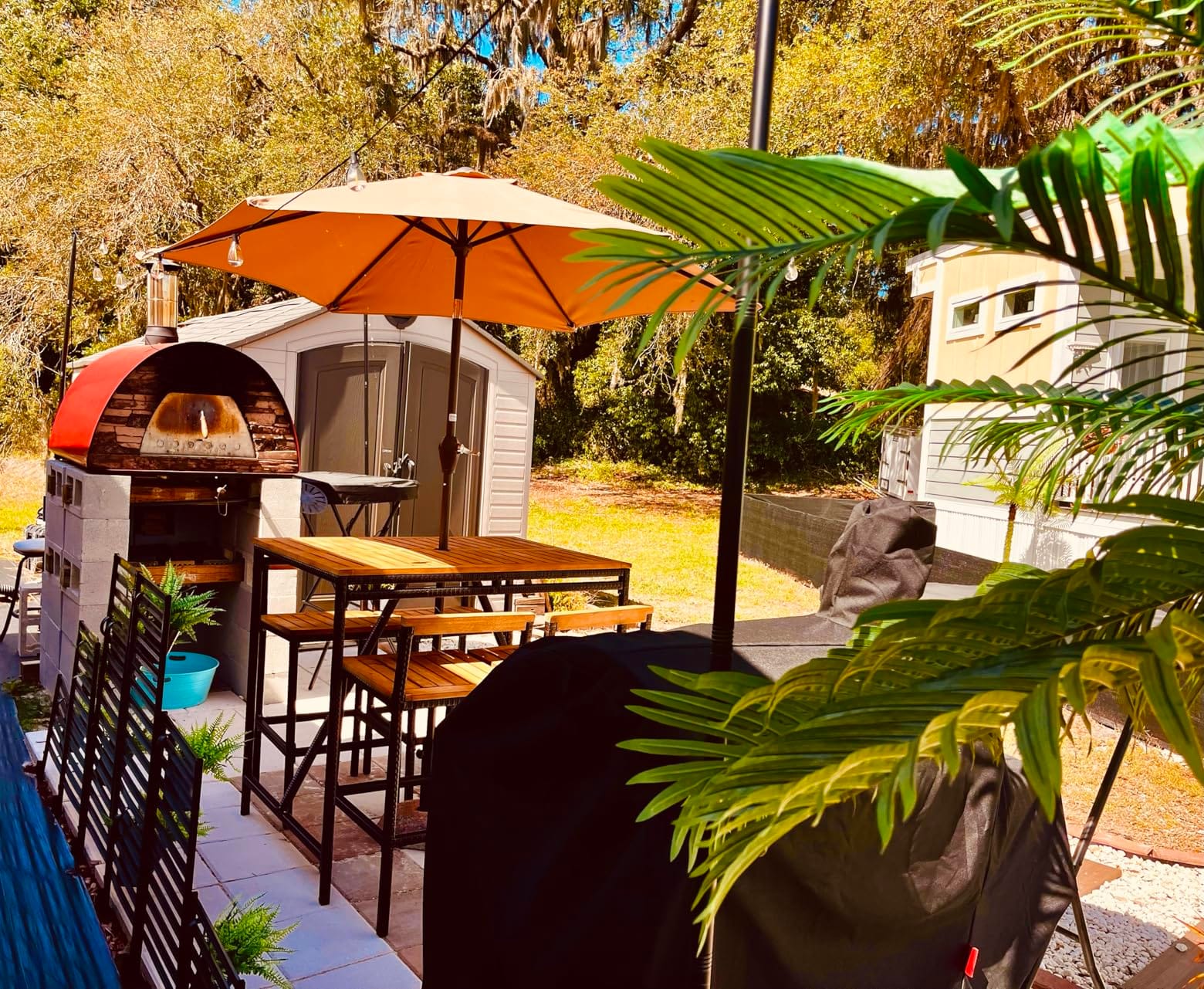 HAPPYGRILL 7 Piece Patio Bar Table Set with Umbrella Hole Acacia Wood High-Dining Bistro Set with 6 Bar Stools, PE Wicker Outdoor Bar Set for Backyard Patio and Poolside customer photo 1