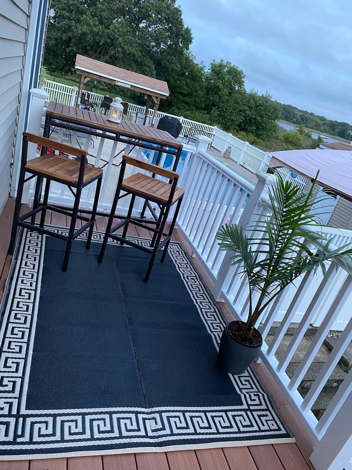 HAPPYGRILL 7 Piece Patio Bar Table Set with Umbrella Hole Acacia Wood High-Dining Bistro Set with 6 Bar Stools, PE Wicker Outdoor Bar Set for Backyard Patio and Poolside customer photo 2