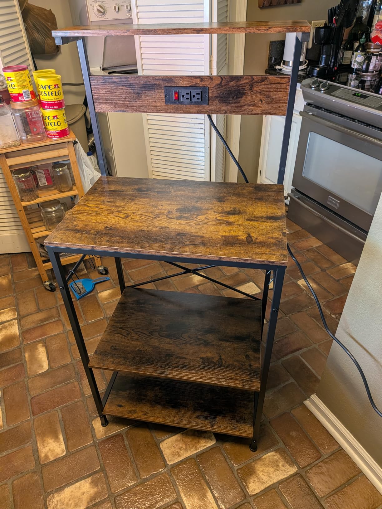SUPERJARE Kitchen Bakers Rack with Power Outlet, Coffee Bar Table 4 Tiers, Kitchen Microwave Stand with 6 S-shaped Hooks, Storage Shelf Rack for Spices, Pots and Pans - Rustic Brown customer photo 2
