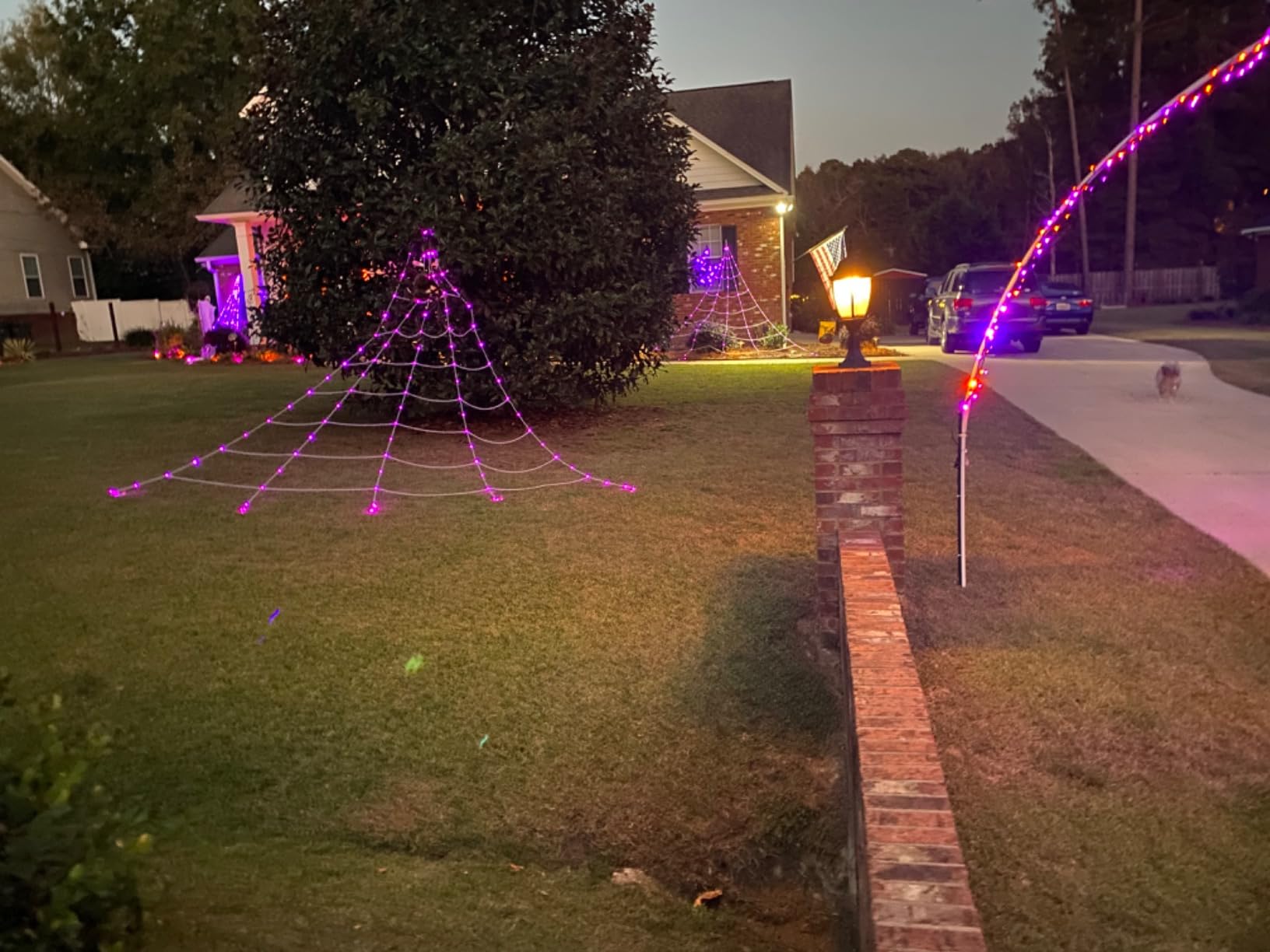 Makion 550 LEDs Halloween Decorations Outdoor Spider Web Lights with Spider | 11 Lighting Modes, Waterproof, 2 Colors Plug in Remote Control Timer, Halloween Decor Cobwebs, Garden Yard Party Decorations customer photo 1
