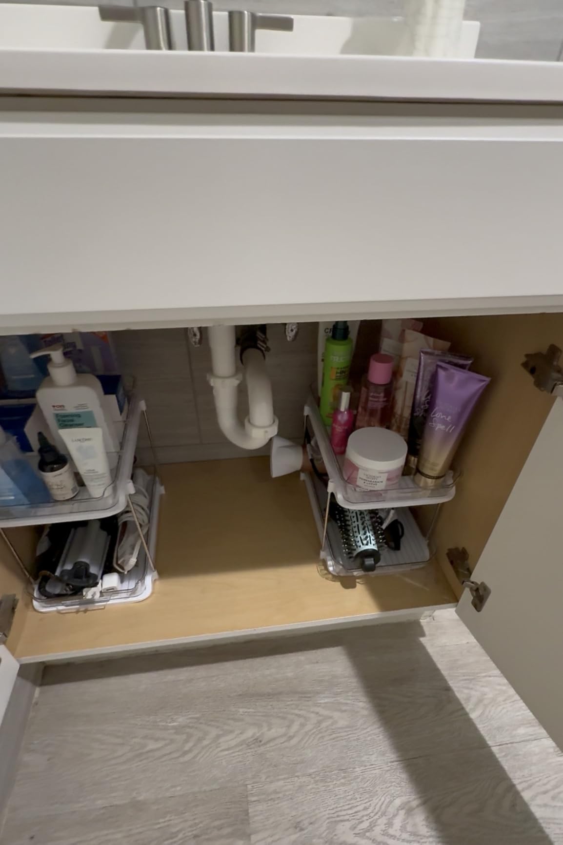 Delamu 2-Tier Multi-Purpose Bathroom Under Sink Organizers and Storage, Stackable Kitchen Pantry Organization, Pull Out Medicine Cabinet Organizer with Movable Dividers, White, 2 Pack customer photo 2