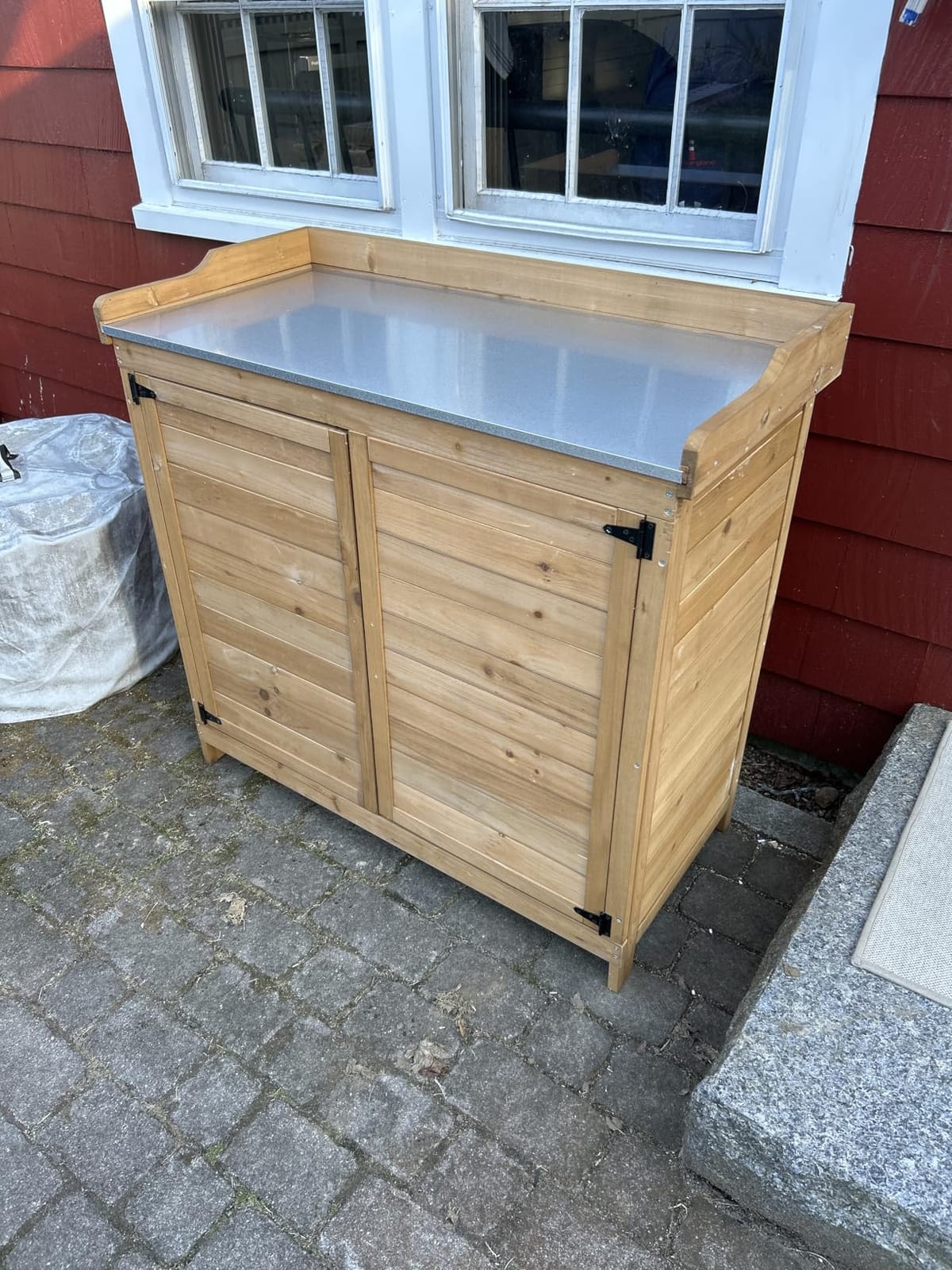 Gizoon Outdoor Potting Bench with Metal Tabletop, Wooden Cabinet, Natural customer photo 2