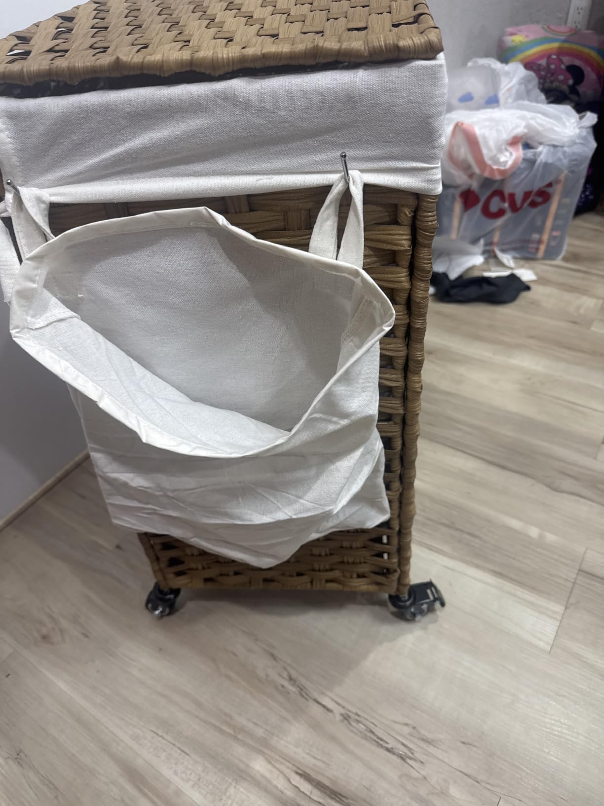 SONGMICS Rolling Laundry Hamper with Lid, 160 L 3-Section Synthetic Rattan customer photo 1