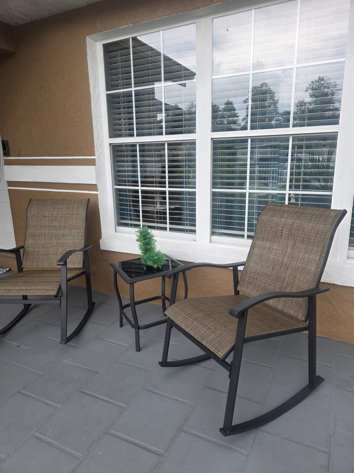 Vongrasig 3 Piece Outdoor Rocking Bistro Set, Textilene Fabric Small Patio Furniture Set, Front Porch Rocker Chairs Conversation Set with Glass Table for Lawn, Garden, Balcony, Poolside (Light Gray) customer photo 2