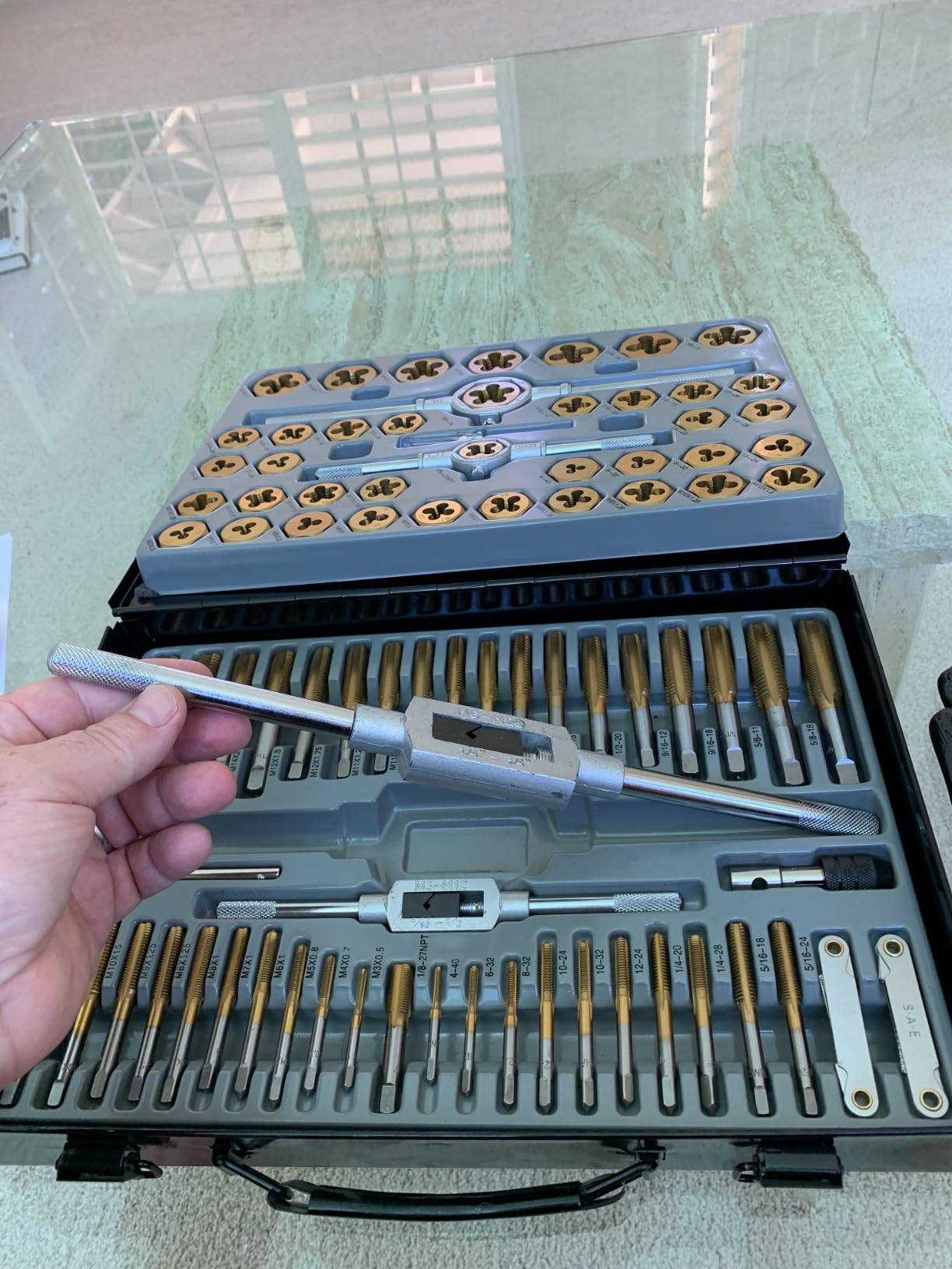 OMT 87pc Tap and Die Set, Titanium-Plated SAE and Metric Threading Kit | M3-M16 and #4-5/8 Inch, GCr15 Bearing Steel customer photo 2