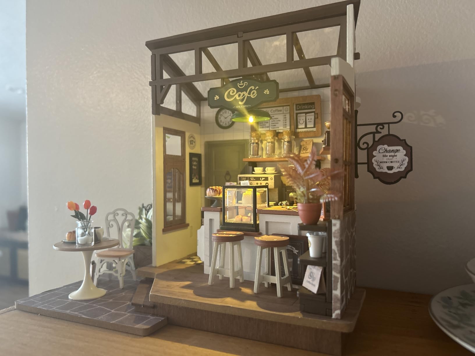 Rowood Coffee Miniature House Kit, Mother's Day DIY Miniature Dollhouse Kits for Adults to Build, Wooden Mini House Model Kits Adults Crafts with LED, Gift on Christmas Birthday for Family-NO.17 Cafe customer photo 2