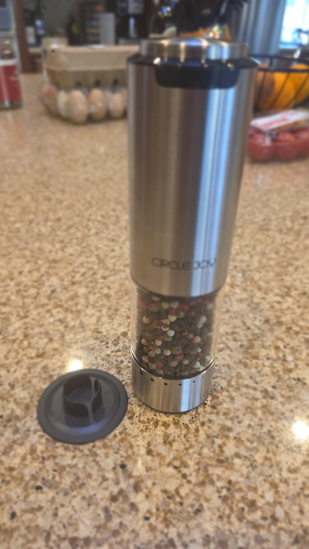 CIRCLE JOY Electric Pepper Grinder Stainless Steel Rechargeable Pepper Mill with External Adjustable Coarseness, 95ml Container and White LED Light, Silver customer photo 2