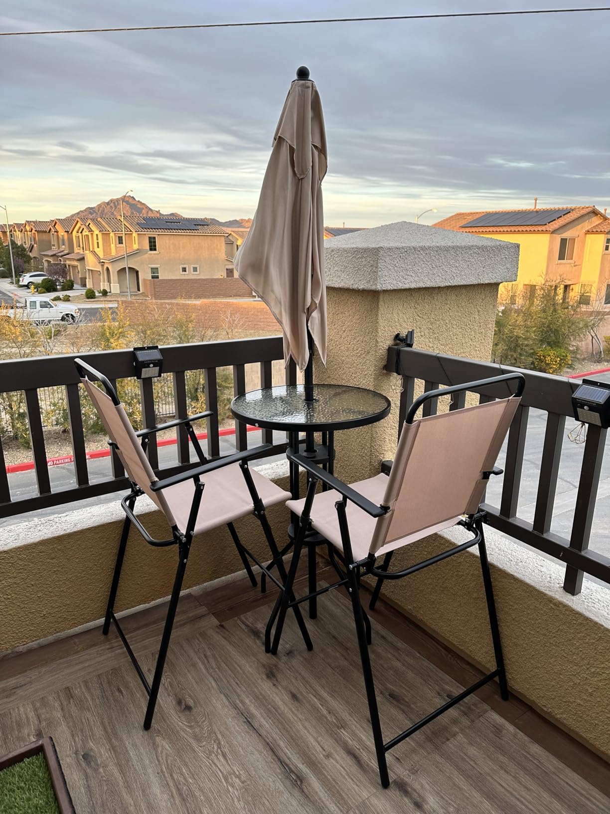 GIANTEX 4-Piece Outdoor Bar Set, Round High Top Bar Table with 2 Folding Counter Height Chairs & Umbrella, Patio Bistro Table Set with Tempered Glass Top for Garden Porch Poolside, Beige customer photo 2
