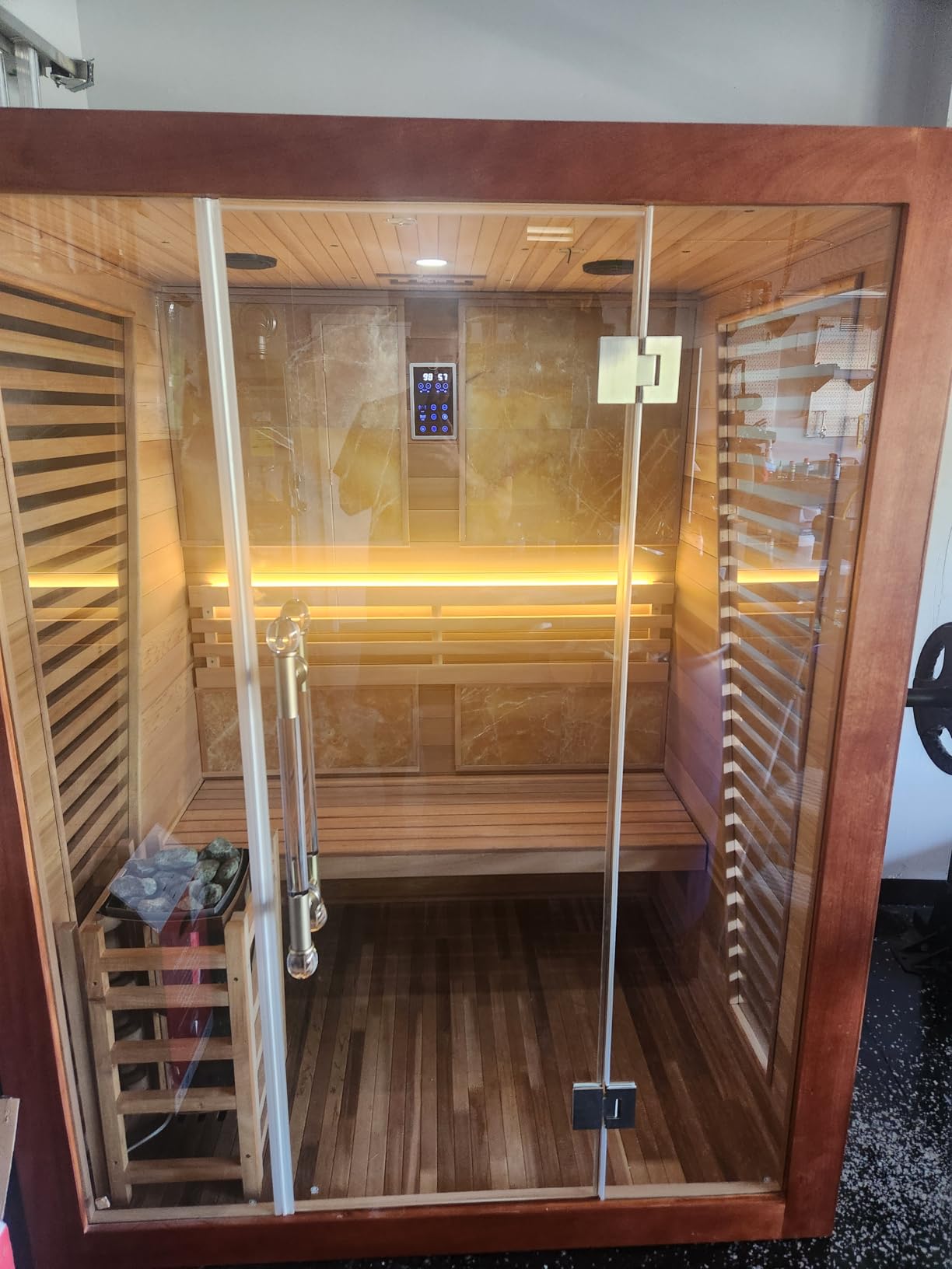 Smartmak 3 Person Traditional Steam Sauna, Luxurious Canadian Hemlock Wood Indoor Spa Room, 3.5kw Harvia Stove with Volcanic Rocks, Bluetooth Music Speakers, Light,Wooden Bucket, Scoop, US Instock customer photo 1