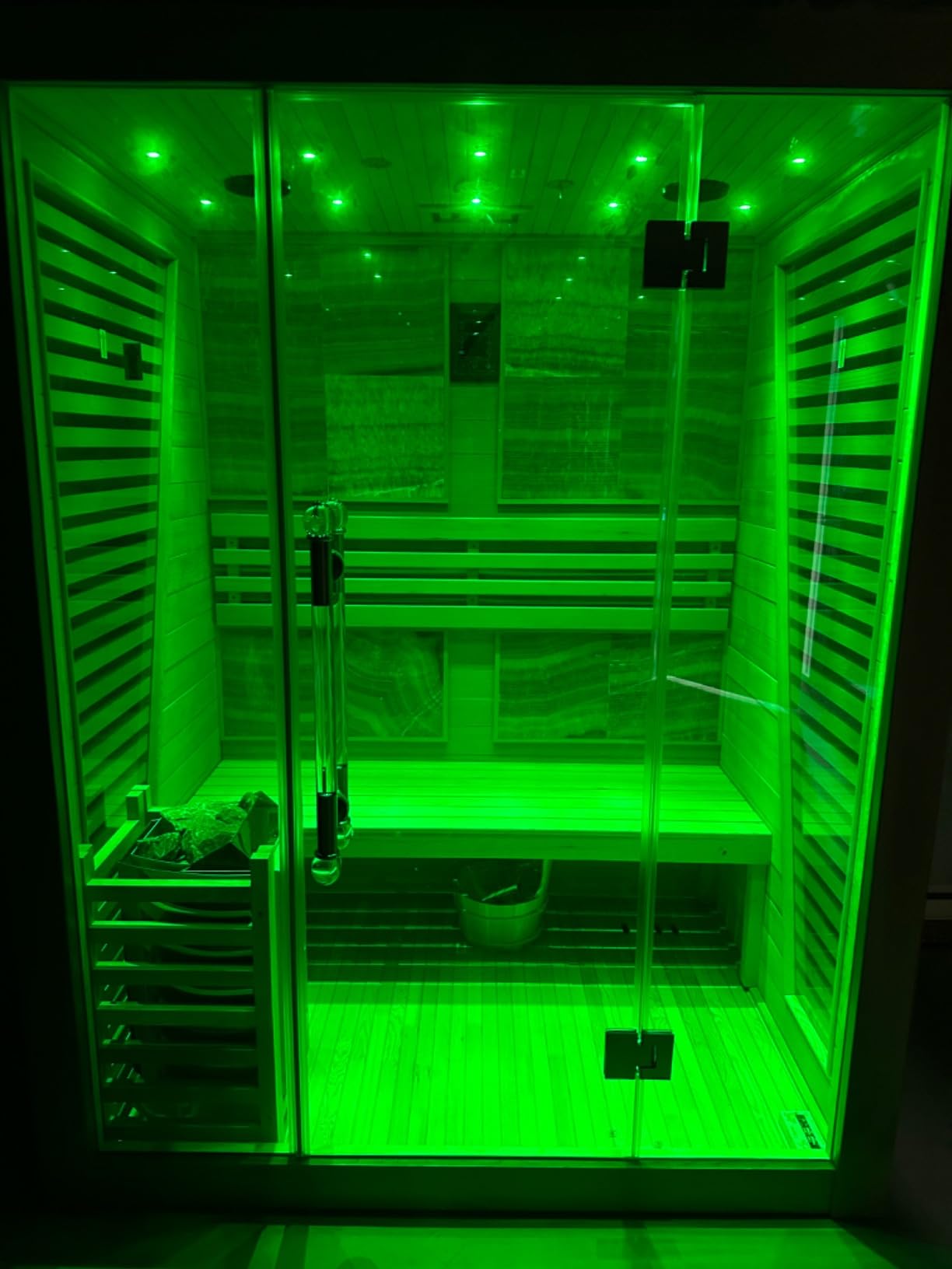 Smartmak 3 Person Traditional Steam Sauna, Luxurious Canadian Hemlock Wood Indoor Spa Room, 3.5kw Harvia Stove with Volcanic Rocks, Bluetooth Music Speakers, Light,Wooden Bucket, Scoop, US Instock customer photo 2