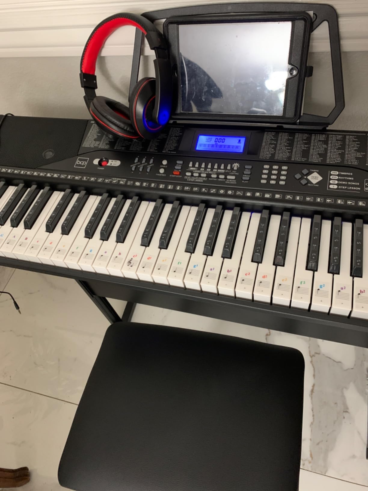Best Choice Products 61-Key Beginners Complete Electronic Keyboard Piano Set w/Lighted Keys, LCD Screen, Headphones, Stand, Bench, Teaching Modes, Note Stickers, Built-In Speakers - Blue customer photo 2