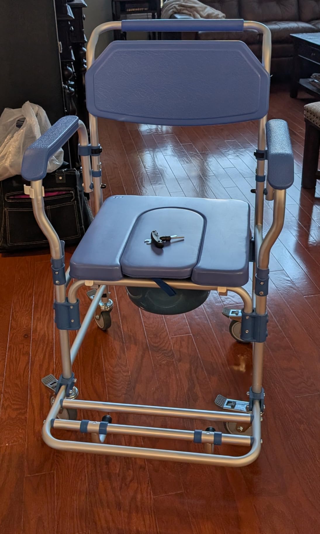 Bedside Commode Wheelchair with Drop Arms & Lockable Casters, Waterproof Aluminum Shower Chair, Anti-Tilt Foldable Footrest, Sponge Padded Seat, 330lbs Weight Capacity, 3 in 1 Bedside Commode Chair customer photo 2