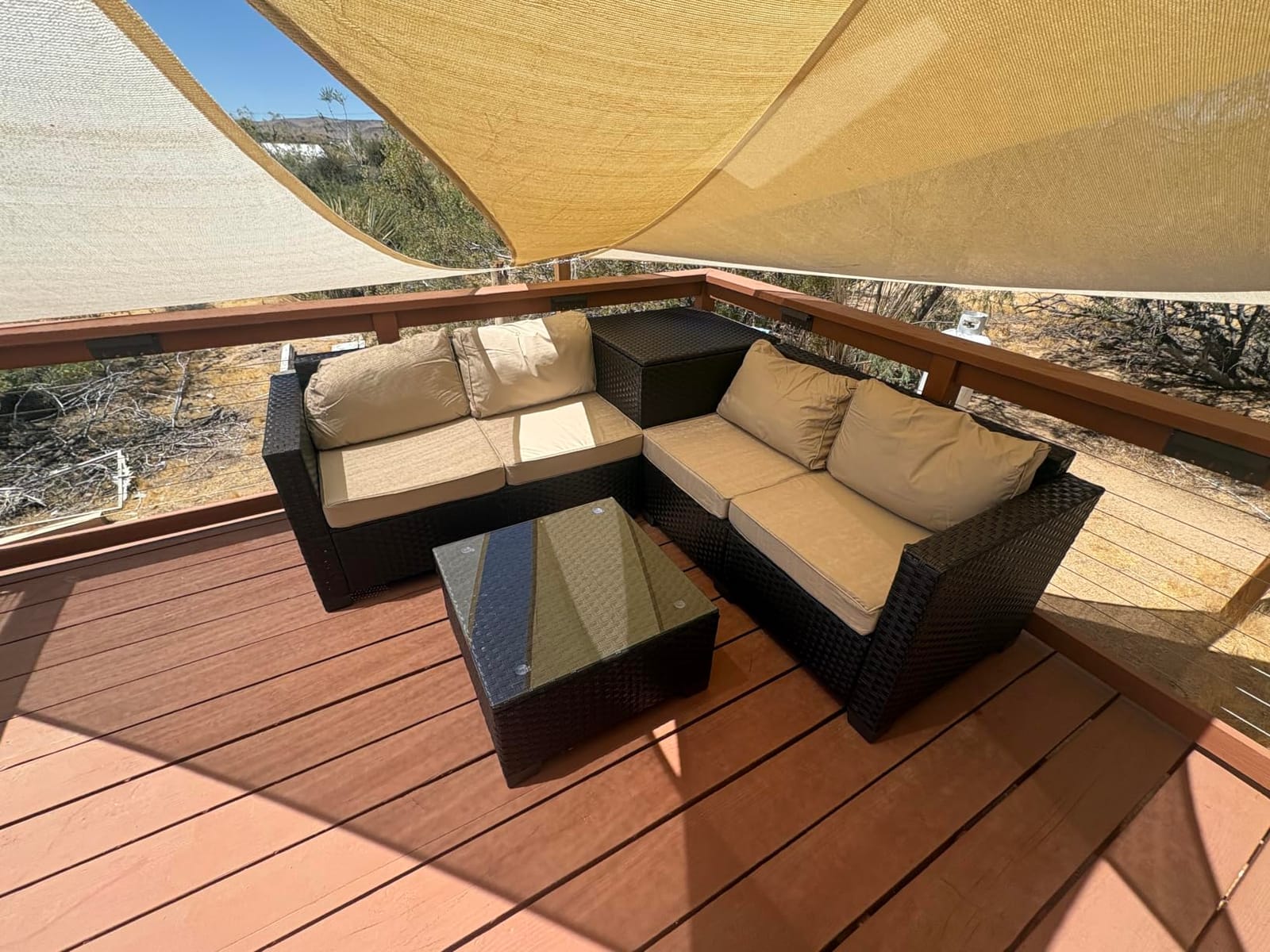 WAROOM Patio Furniture Set 4 Piece Conversation Sets Brown Rattan Outdoor Couch Loveseat Wicker Sectional Sofa with Storage Box Glass Top Table, Khaki Cushion customer photo 1