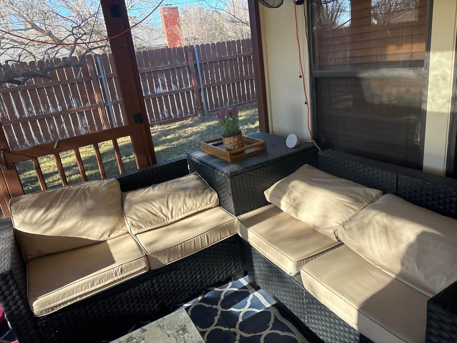 WAROOM Patio Furniture Set 4 Piece Conversation Sets Brown Rattan Outdoor Couch Loveseat Wicker Sectional Sofa with Storage Box Glass Top Table, Khaki Cushion customer photo 2