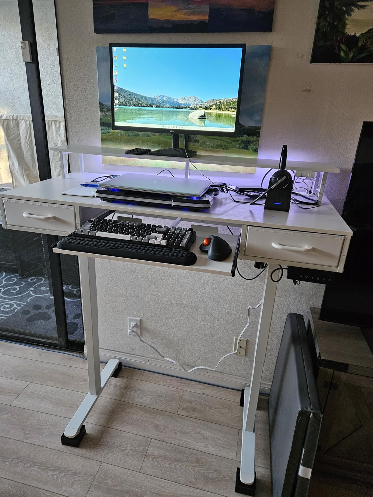 AODK 55 Inch Standing Desk with Drawers & Keyboard Tray, Rustic Brown | Power Outlet, LED Lights, Monitor Stand, Cable Management Tray, 3 Memory Heights customer photo 1