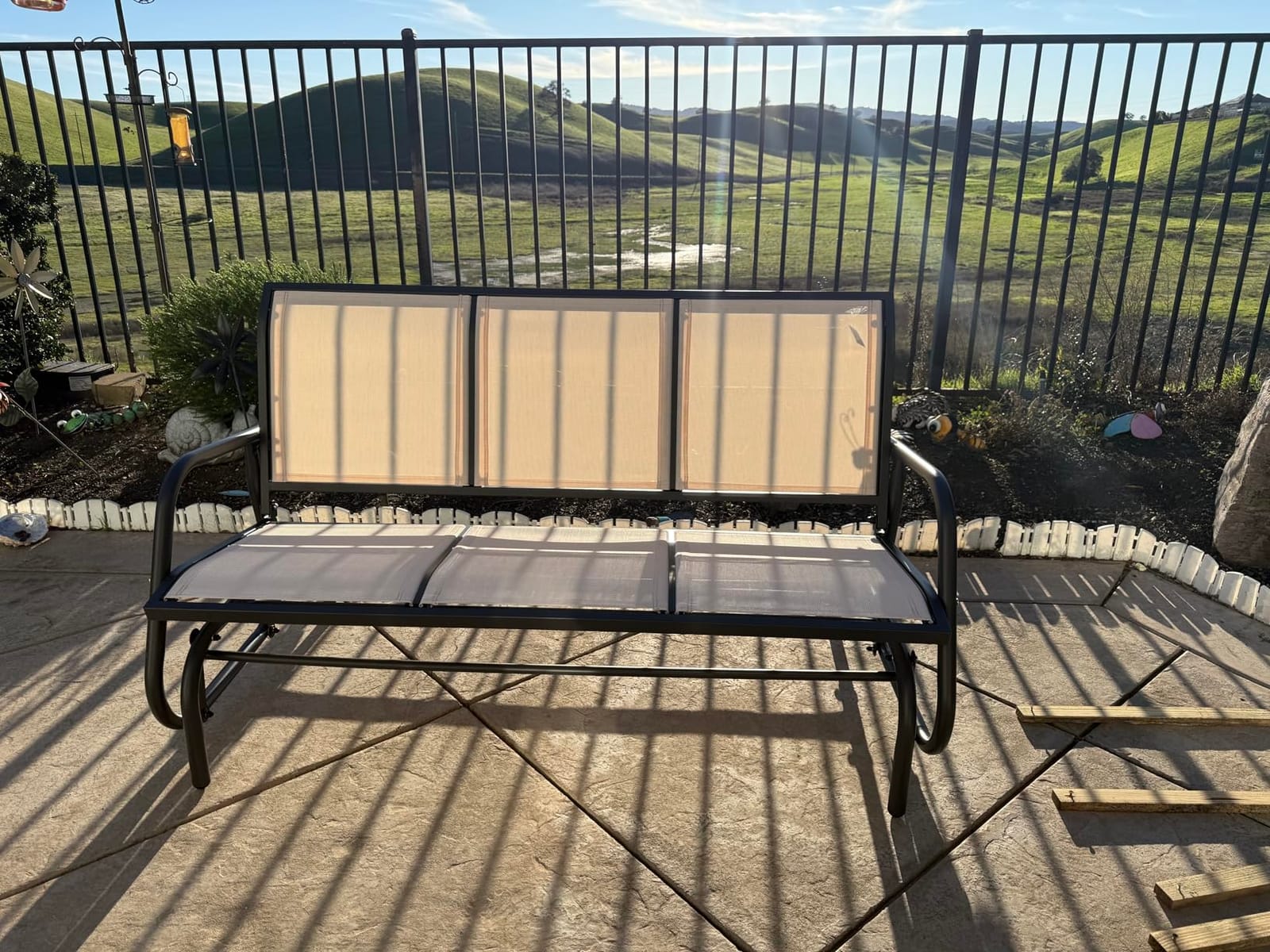 Outsunny 3-Person Patio Glider Bench Outside 3 Seats Light Mixed Brown | Porch Glider Swing, Breathable Mesh Fabric, Metal Frame customer photo 1