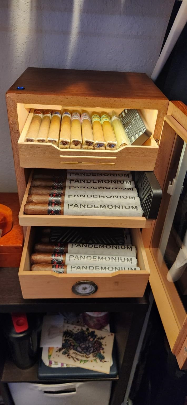 Tesonway Cigar Humidor, Desktop Cigar Humidor Cabinet Light Control System with Spanish Cedar Wood Shelves, Hygrometer, 3 Humidifiers and Cigar Accessories Drawer, Father's Day Gift for Men (Brown) customer photo 2