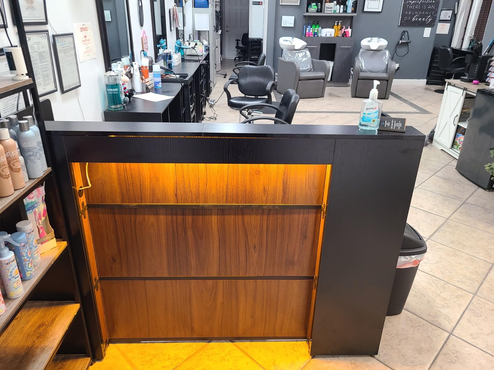 LITTLE TREE 63 Inches Reception Desk, Modern Reception Table with LED Light, Front Counter Desk, Wooden Checkout Counter for Lobbies, Salons, Retail, Home Offices, Reception Room, Black & Brown customer photo 1