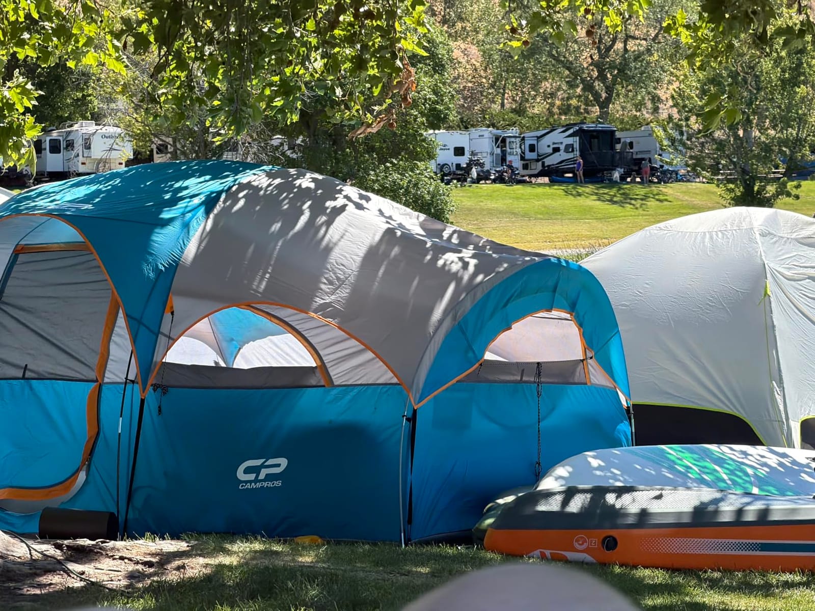 CAMPROS CP 8 Person Camping Tent, Room Divider, Rainfly, Weather Resistant | Family tent with 5 large mesh windows, double-layer design, and a carry bag, 14' x 9' x 72