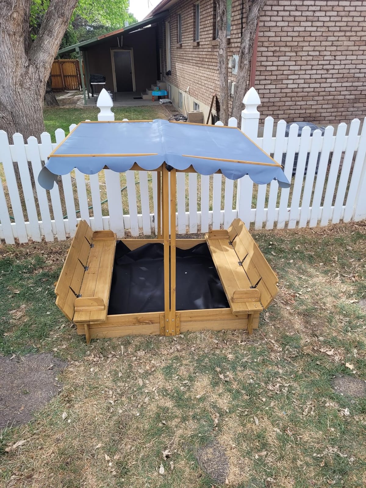Kids Sandbox with Lid, Wooden Sand Box with Cover Outdoor, UV-Protection & Natural Wood, Foldable Bench Seat, Adjustable Canopy, Sand Box for Kids Ages 2-8（47x47in） customer photo 1
