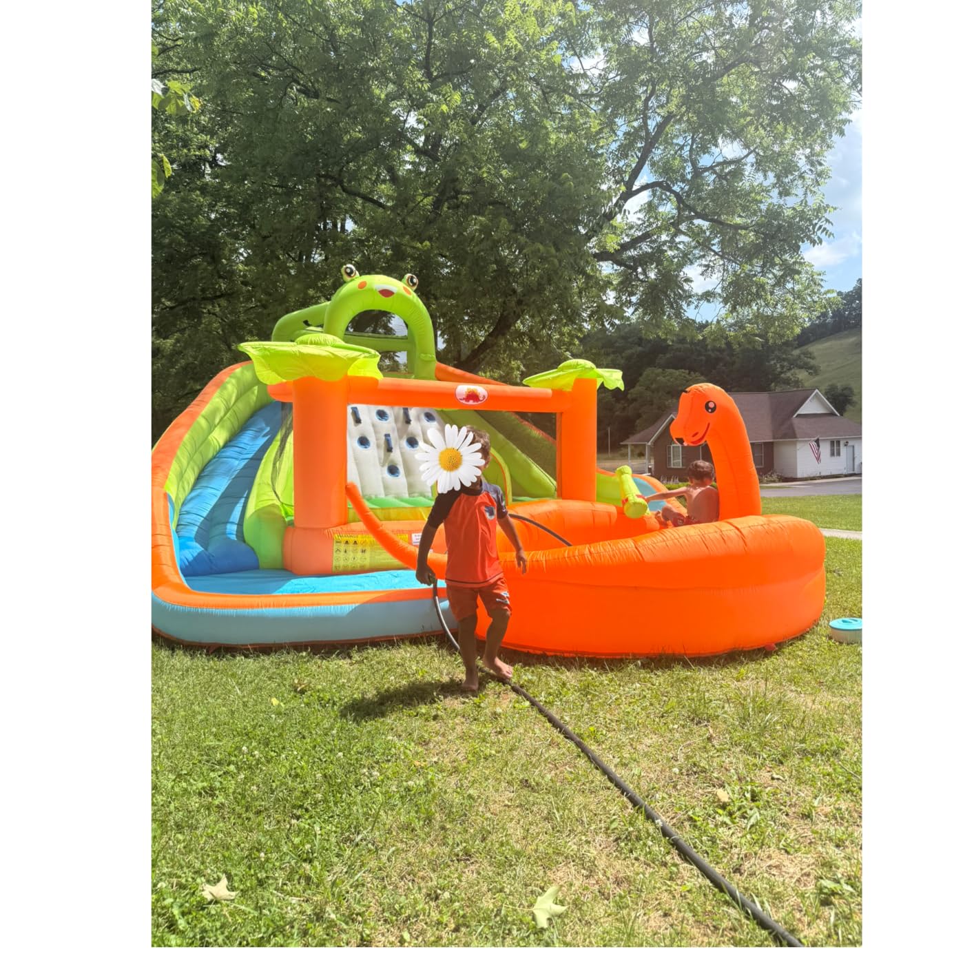 WELLFUNTIME Inflatable Water Double Slides Park with Blower, Bouncy Castle with Water Cannon, Dino Pool, Frog Castle, Climbing Wall, Basketball Hoop, Backyard Water Park for Kids customer photo 1