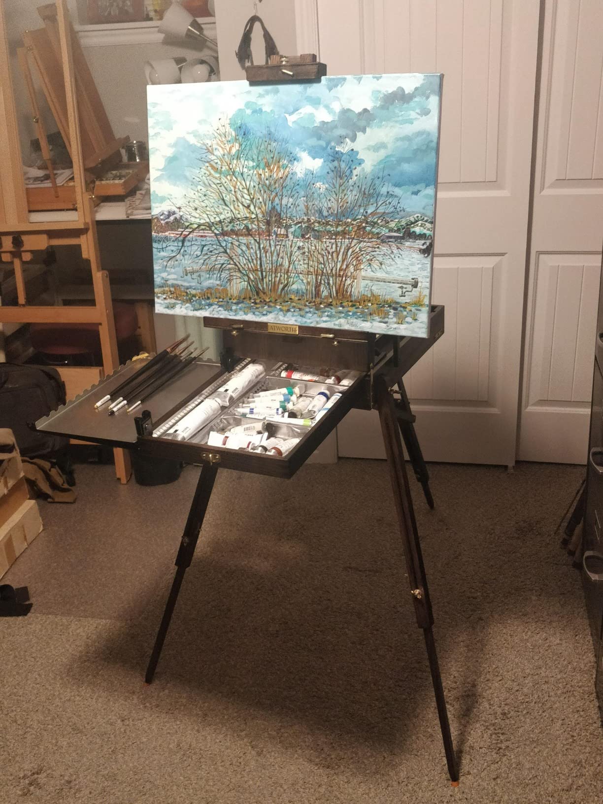 French Easel for Painting: Deluxe Beech Wood Plein Air Easel Stand with Metal Side Tray - Portable Sketchbox for Outdoor Field & Studio - Holds Canvas up to 34