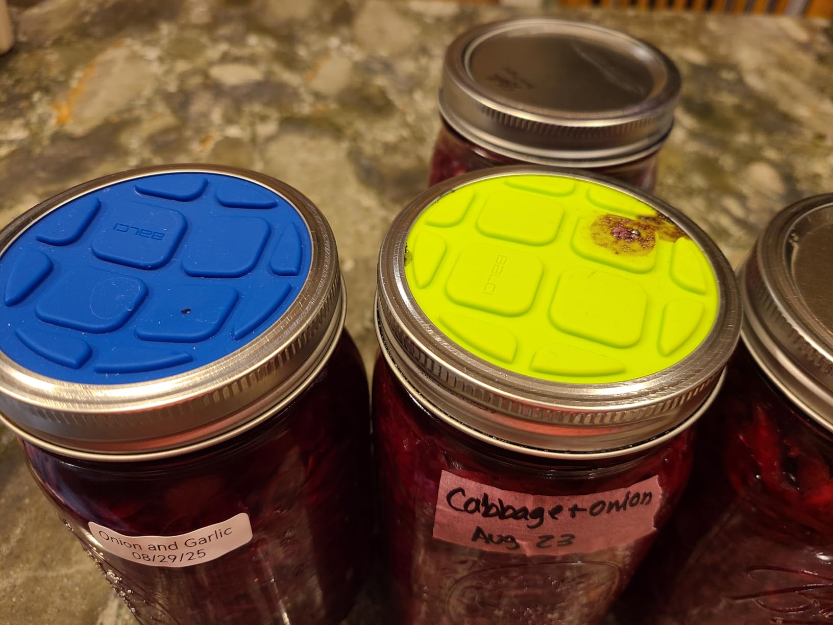 Fermentation Lids for Wide Mouth Mason Jars - 4 Pack Silicone Lids - One-way Waterless Airlock Valve, BPA-free Self-Burping Silicone Lids (Includes 4 Colors: Blue, Red, Green & Purple) customer photo 2