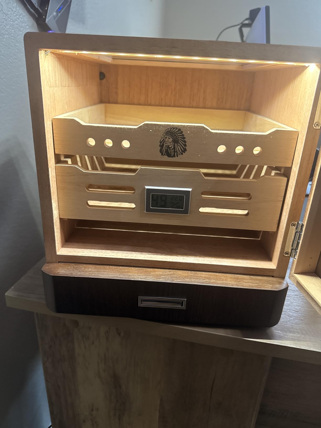 XIFEI Cigar Humidor Cabinet, Glass Top & Adjustable LED Lighting, Digital Hygrometer, 2 Humidifiers, Cigar Tube, Desktop Cedar Wood Humidor with Accessory Drawer for 80-100 Cigars, Ideal Men's Gift customer photo 2