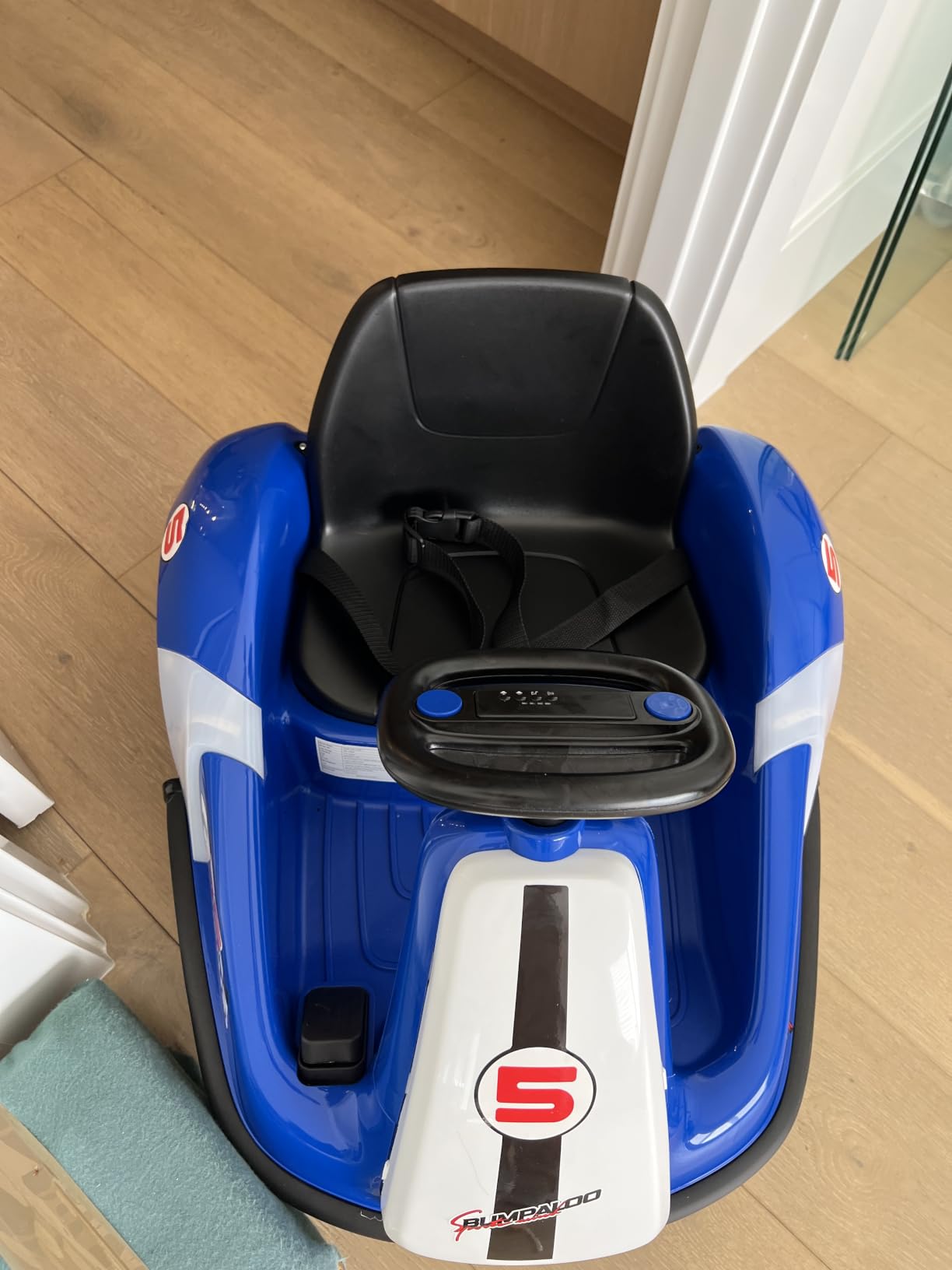 ELEMARA 12V Kids Bumper Car with Big Wheel, 2.2 Mph Max, Toddler Bumper Cars with Remote, Baby Bumping Toy Car with DIY Stickers,360 Degree-Spin, Music, Bluetooth,LED Lights, Blue customer photo 1