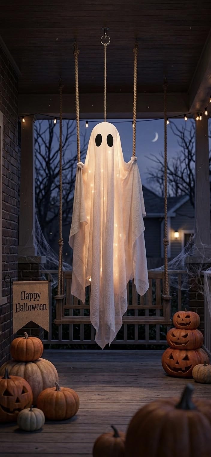 Halloween Decorations Outdoor - 5 FT Large Hanging Swing Ghost Halloween Decor with String Lights, Spooky Cute Ghosts Decorations for Front Porch Yard Tree customer photo 1