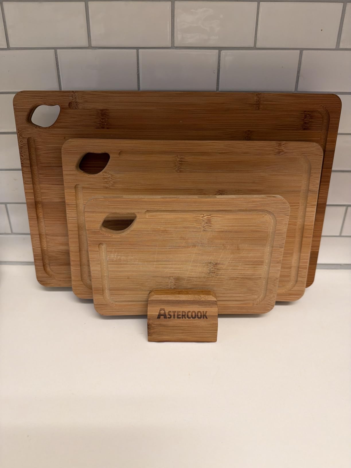 Astercook Deep-Carbonized Bamboo Cutting Boards for Kitchen with Wood Storage Stand, Reversible Charcuterie & Chopping Boards with Juice Grooves and Easy-Grip Handles, Fathers Day Gift for Men customer photo 1
