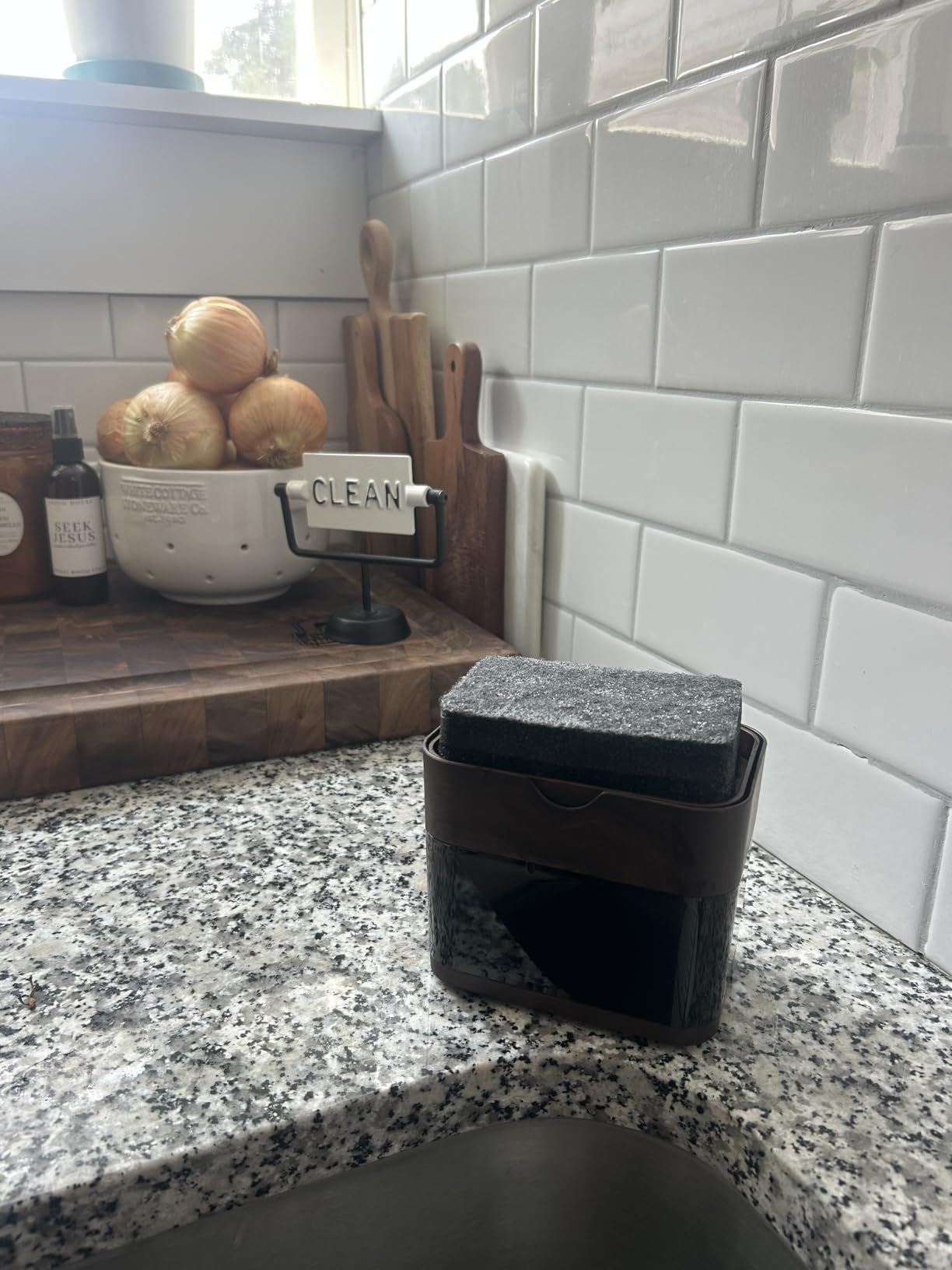 S&T INC. Dish Soap Dispenser and Sponge Holder, Plastic Walnut and Amber customer photo 2
