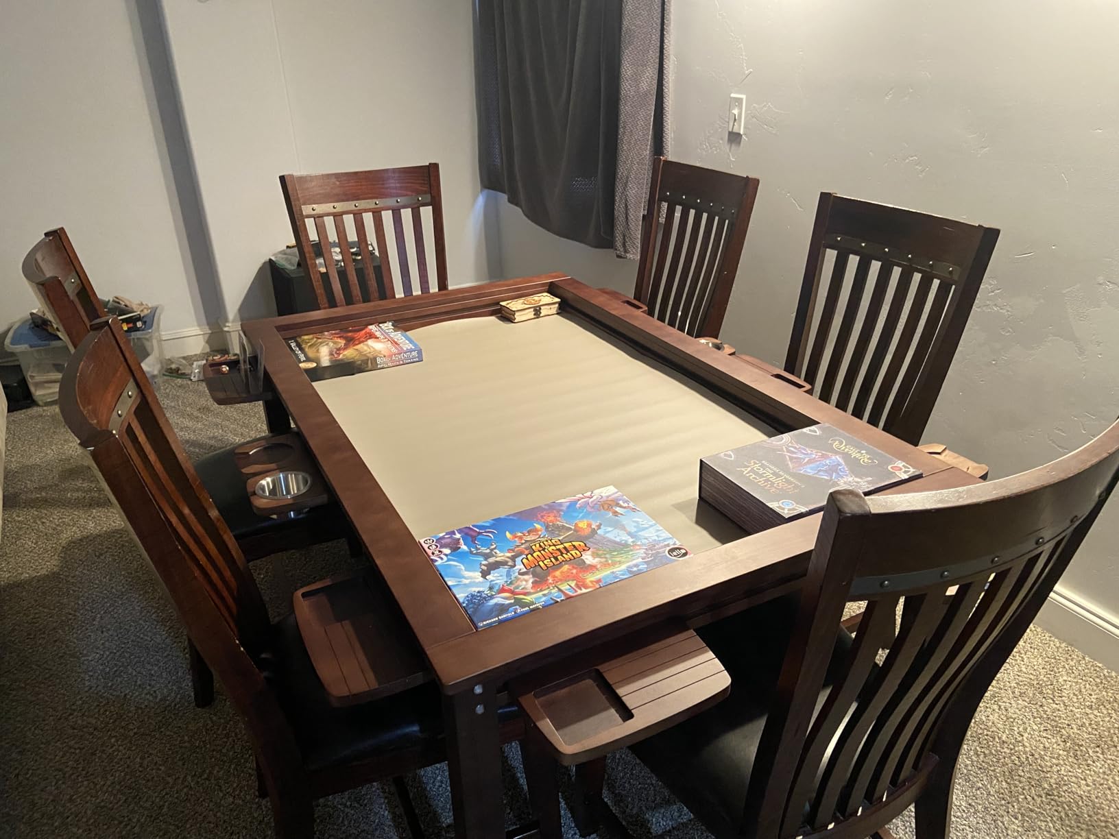 Convertible Board Game Table for 4-6 Players, Spacious Gaming Space w/Clean-Edge Table Top, Non-Slip Play Mat, Cup Holder & Game Tray, Dining Table w/Storage for DND, Poker Card, Family Dinner customer photo 2