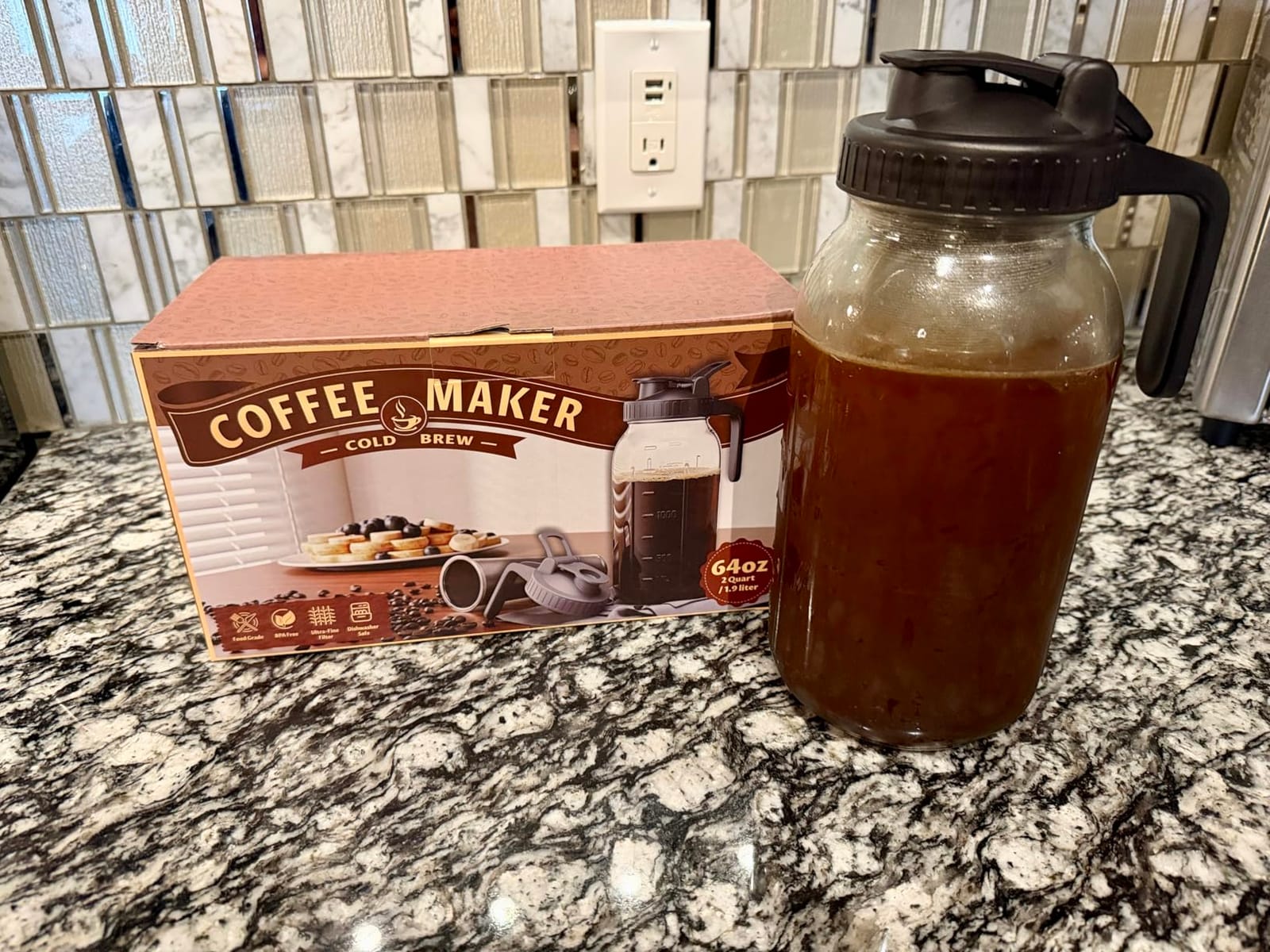2 Pack Cold Brew Coffee Maker, 64oz Mason Jar Pitcher with 100μm 304 Filter customer photo 2