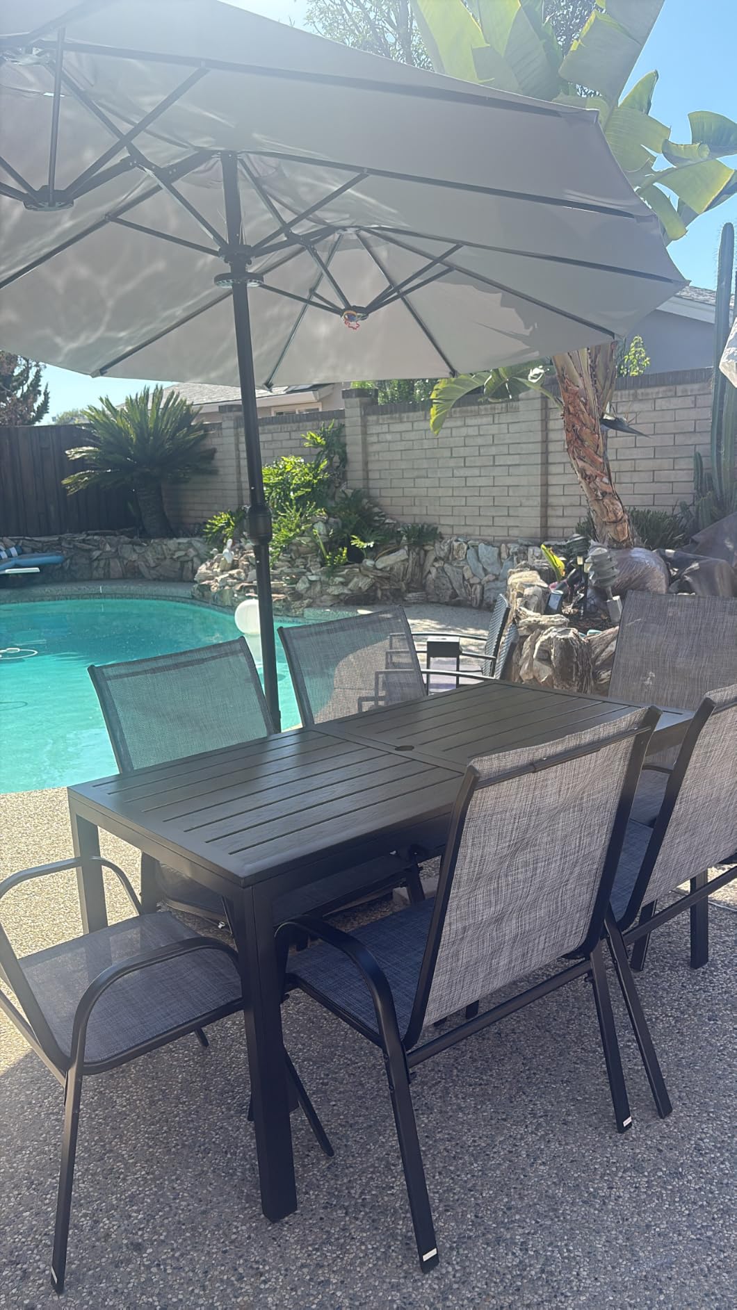 Pamapic Outdoor Dining Sets for 6, Rectangular Steel Slat Table with 6 Textilene Chairs, 7 Piece Patio Table and Chairs Set with Umbrella Hole for Patio, Backyard, Poolside (Grey, No Umbrella) customer photo 2