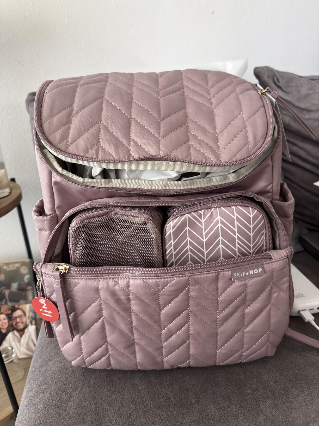Skip Hop Diaper Bag Backpack with Portable Changing Pad, Adjustable Tumbler Holder, 9 Pockets, Insulated Packing Cubes, Luggage Sleeve, Fits 14