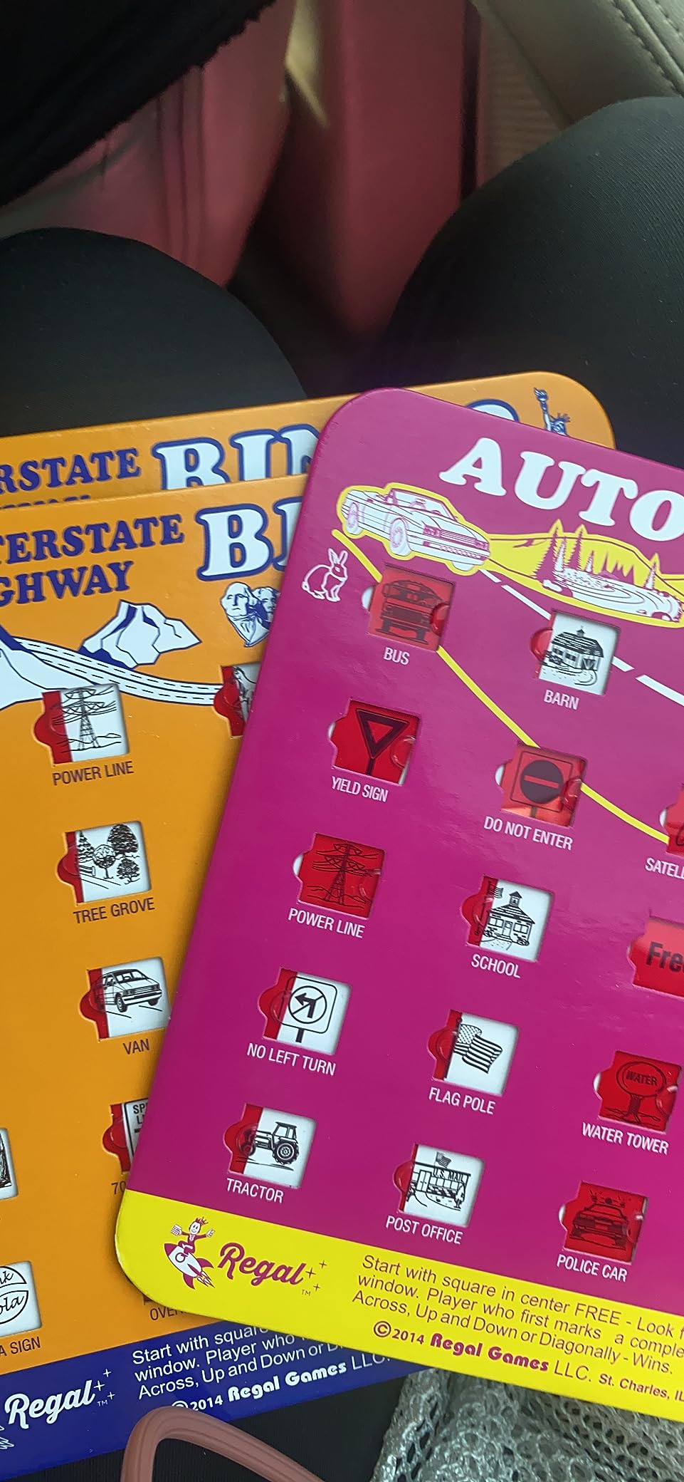 Regal Games Finger-Tip Shutter Bingo Cards with Sliding Windows - Interstate Bingo & Auto Bingo Game - Assorted Colors Travel Game Bingo Set Kids - Reusable, No Chips & Daubers Needed - 4 Packs customer photo 1