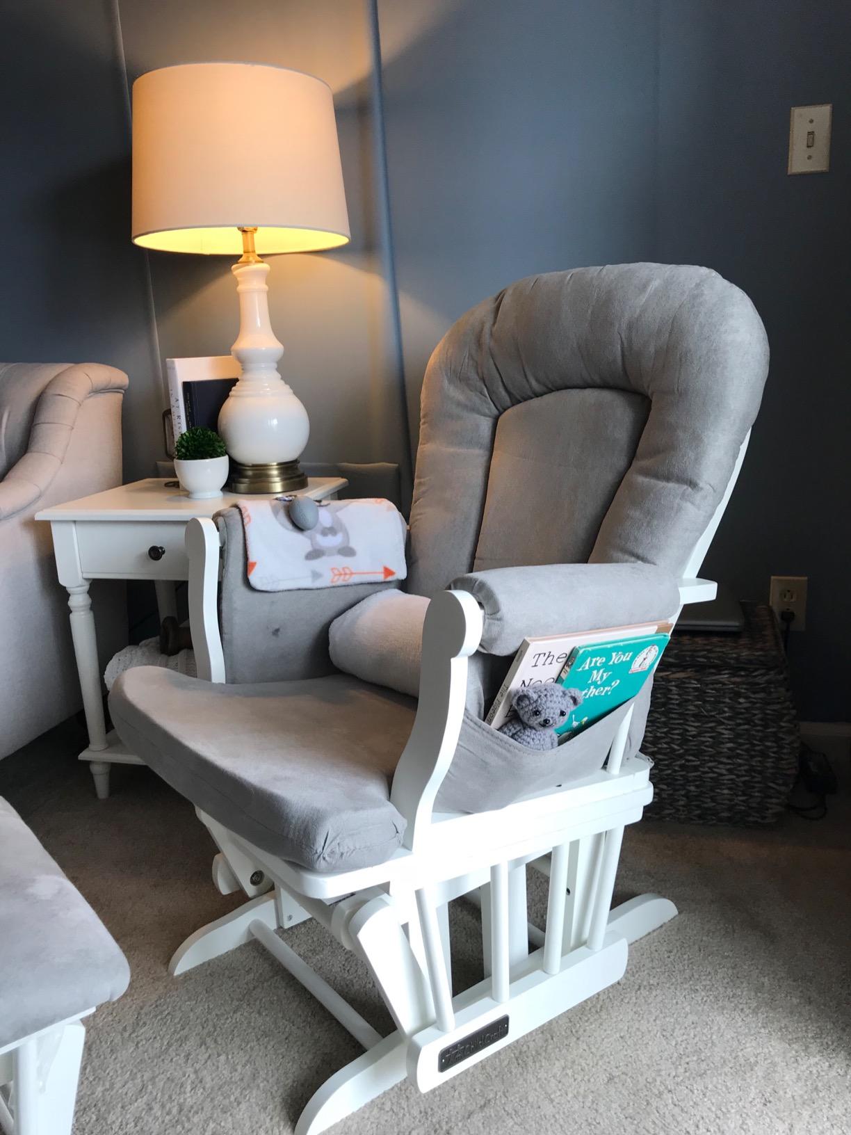 Child Craft Cozy Glider Rocker and Ottoman Set, Smooth Quiet Gliding Motion, Padded Cushion with Convenient Storage Pockets, Solid Wood Base & Frame (Cool Gray with Dark Gray Cushion) customer photo 2