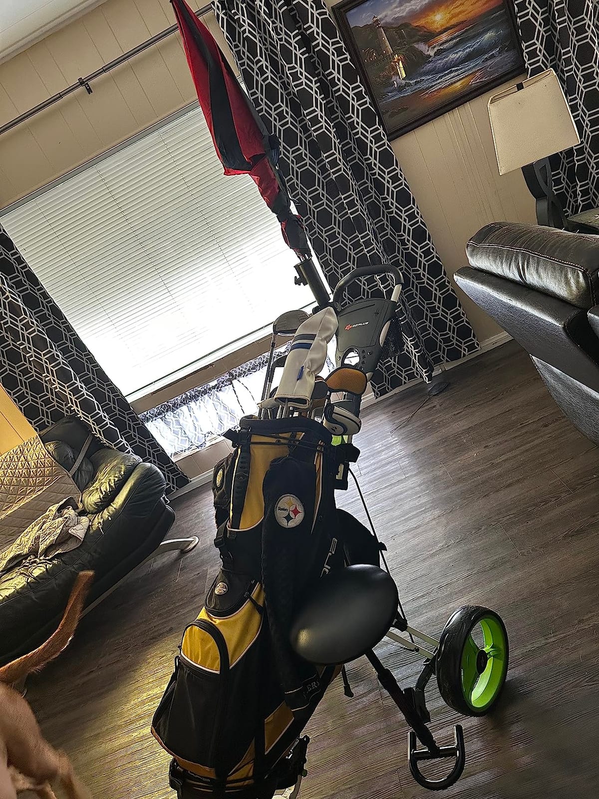 Tangkula Foldable Golf Push Cart, Navy Blue, Sturdy Steel Frame, Adjustable Handle, Ball Bearing Wheels, Foot Brake, Waterproof Storage Bag customer photo 1