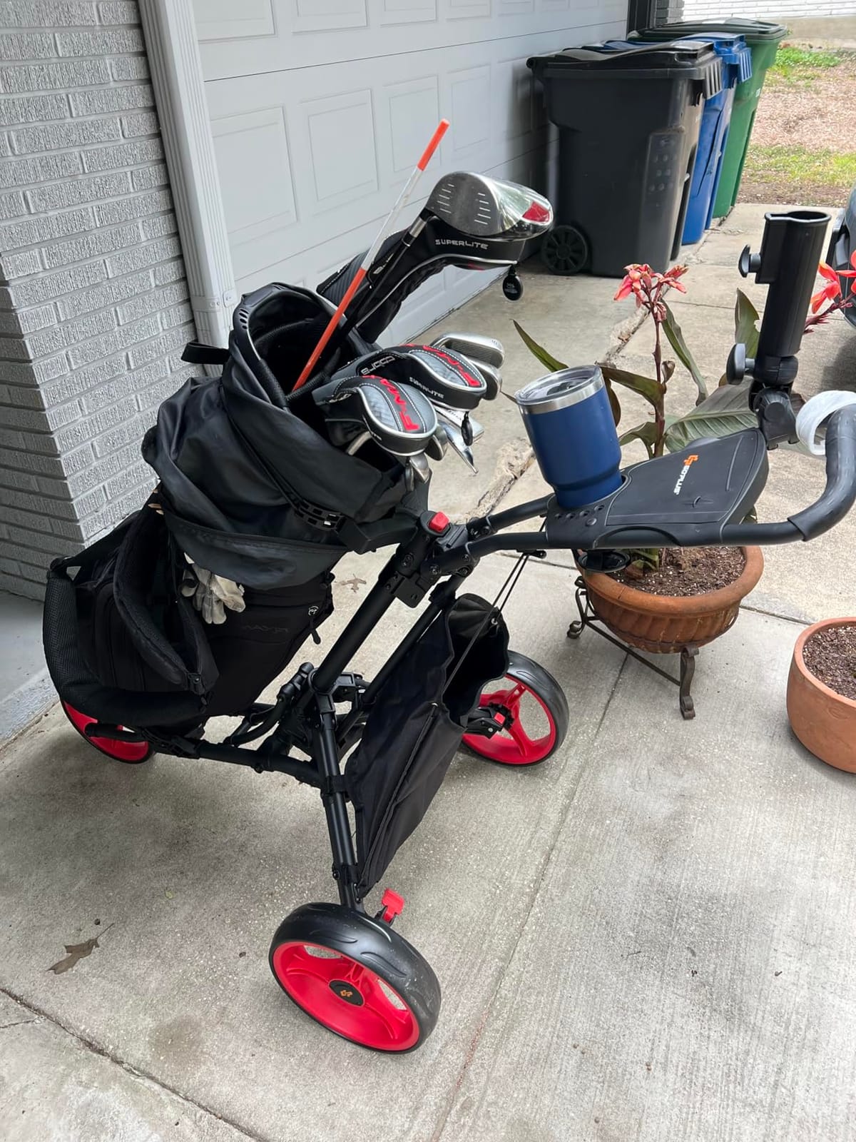 GYMAX Golf Push Cart, 3 Wheels Aluminum Folding Height Adjustable Golf Push Trolley with Umbrella Holder & Waterproof Bag, Portable Lightweight Quick Open Fold Golf Cart (Gray) customer photo 1