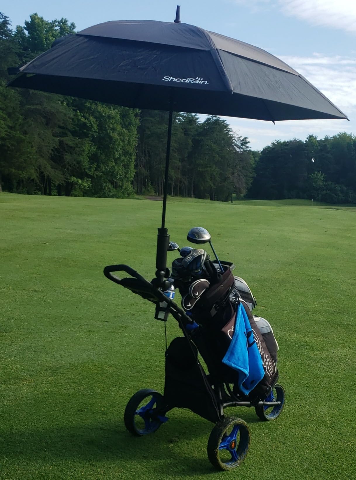GYMAX Golf Push Cart, 3 Wheels Aluminum Folding Height Adjustable Golf Push Trolley with Umbrella Holder & Waterproof Bag, Portable Lightweight Quick Open Fold Golf Cart (Gray) customer photo 2