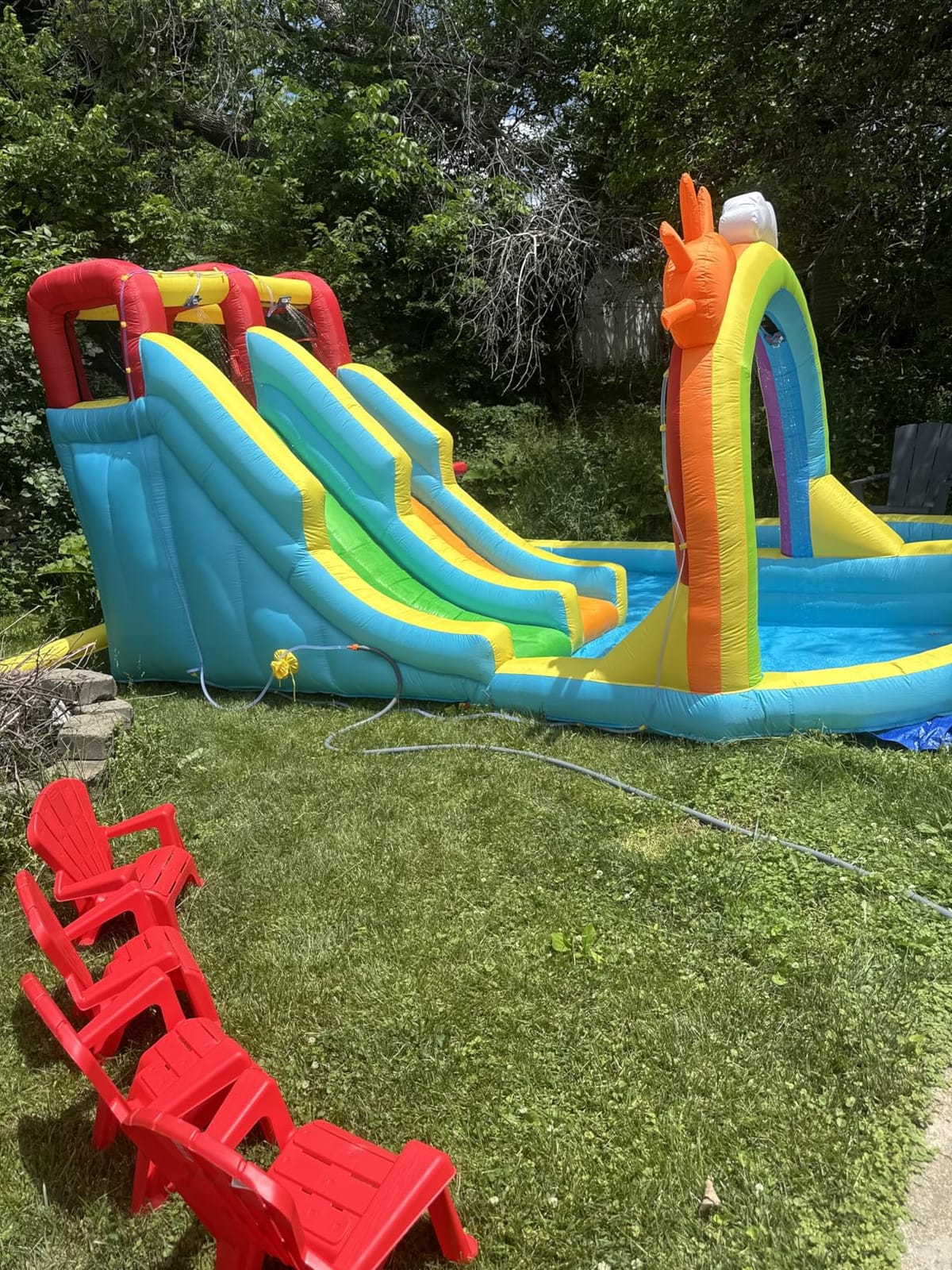 WELLFUNTIME Inflatable Water Double Slides Park with Blower, Bouncy Castle with Rainbow Water Curtain, with Shooting and Rock Climbing customer photo 1