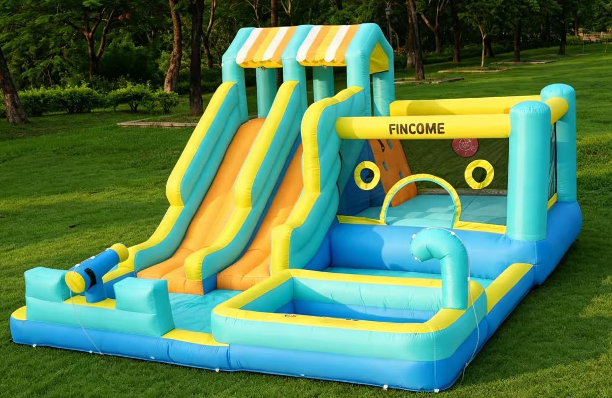 FINCOME Inflatable Bounce House, 10 in 1 Double Water Slide Bounce House with 750W Blower, Climbing Wall, Jumping, Water Gun, Splash Pool, Basketball Hoop for Kids Indoor Outdoor Backyard customer photo 1