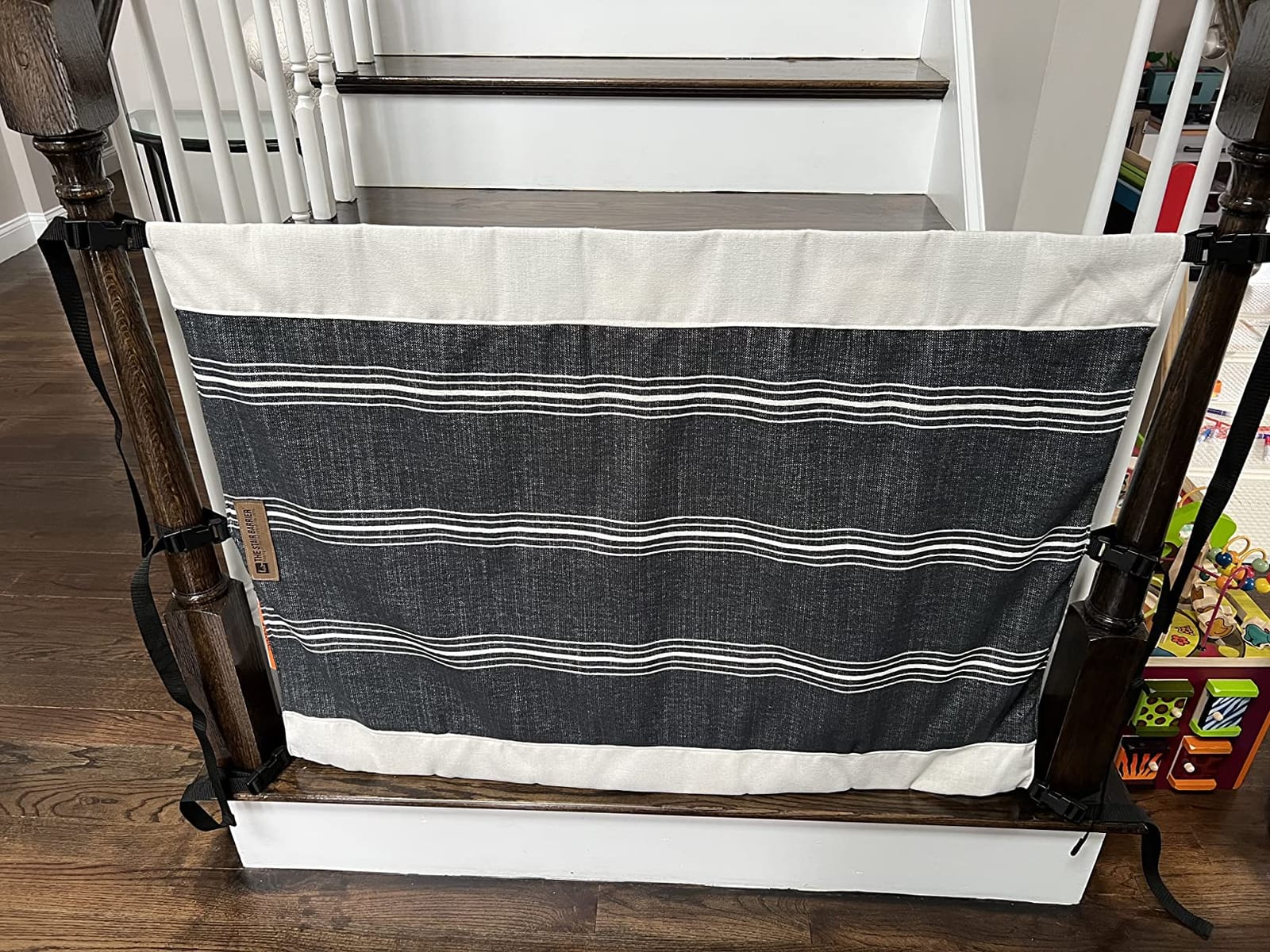 The Stair Barrier First Fabric Banister to Banister Baby Gates for Stairs 42”–52” Wide x 32” Tall– No Drill Baby Gate for Top or Bottom Staircase, Machine-Washable Climb Proof, Designed in USA, Cream customer photo 1